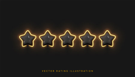 Five stars, glossy black and yellow colors. Customer rating feedback concept from the client about employee of website. Realistic 3d design of the object. For mobile applications. Vector illustrationのイラスト素材