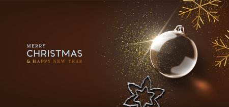 Merry Christmas and Happy New Year background. Christmas realistic 3d transparent ornament, glass star, flat top view, gold metallic snowflakes and confetti. Dark brown background. Vector illustrationのイラスト素材
