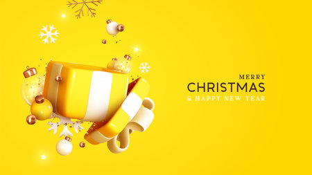 Christmas holiday realistic 3d gifts boxes. Open gift box full of decorative festive object. New year banner, web poster, flyer, stylish brochure, greeting card. Xmas background. Vector illustrationのイラスト素材