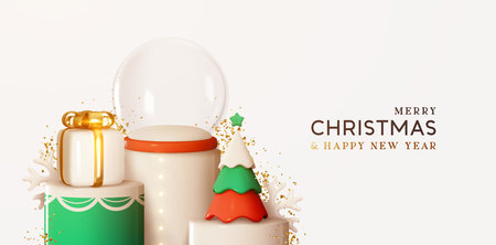 Christmas tree and gift box, glass snow winter ball on round studio podium, gold confetti. Realistic festive 3d design. Merry Christmas and happy new year. Holiday Xmas background. Vector illustrationのイラスト素材