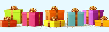 Realistic pile of gifts box in different colors with golden bows. Holiday set presents. Festive 3d Decor Objects for New Year, Christmas, birthday, anniversary, wedding surprise. vector illustrationのイラスト素材