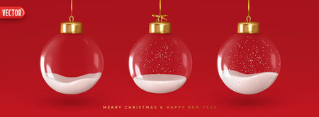 Christmas decorations glass baubles transparent balls inside snow, hang on gold ribbon, set isolated on red background. Realistic 3d design of elements of Christmas decorations. vector illustrationのイラスト素材