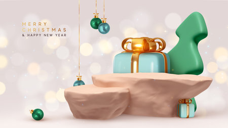Christmas festive podium for promotions. Podium Stone rock stage for presentation sale product. Stage pedestal or platform. Xmas scene on a blurred gold light background. Vector illustrationのイラスト素材