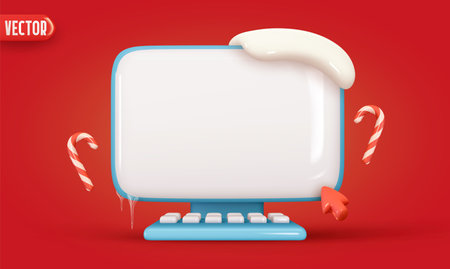 Computer template with blank screen display keyboard, on border of white snow and icicles. Computer monitor in Christmas winter design red background. Realistic 3d mockup laptop. Vector illustrationのイラスト素材