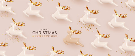 Christmas reindeer Realistic ceramic. Holiday pattern Xmas deer. Porcelain decorative toy figurine. White and beige New Year background. Vector illustration.のイラスト素材