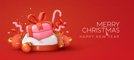 Merry Christmas and Happy New Year. Festive background with realistic 3d cartoon element. Red and pink Christmas web banner, website poster, brochure, holiday flyer, greeting card. Vector illustrationのイラスト素材