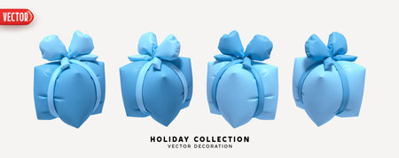 Blue Set of air inflated helium gifts box. Blown polyethylene gifts boxes of square cubic shape. Collection of realistic 3d blue gift presents. Festive decorative design elements. Vector illustrationのイラスト素材