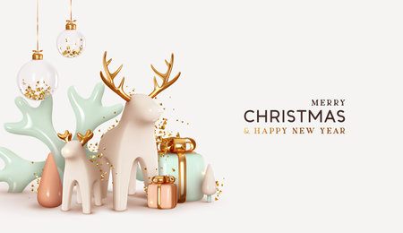 Merry Christmas and Happy New Year winter festive composition. Xmas background realistic 3d decorative design objects, big and small deer, gift boxes, snowy trees, gold confetti. Vector illustrationのイラスト素材