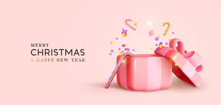 Pink Open gift box realistic 3d design. Christmas and New Year's surprise. Present box for birthday. Xmas Gift boxes template. Soft pastel colors. Holiday banner, web poster, greeting card. Vectorのイラスト素材