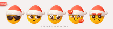 Christmas and New Year holiday emoticons collection. Set Icon Smile Emoji in Red Hat Santa Claus. Realistic Yellow Glossy 3d Emotions face. vector illustrationのイラスト素材