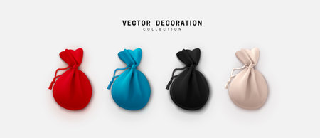 Set of Multi-colored fabric bags, gift bags with surprise. Realistic Isolated 3d Objects. vector illustration.のイラスト素材