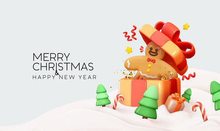 Christmas and New Year background in snow an open gift box inside gingerbread man joyful happy face. On white snow green trees, candy cane, gift box. Realistic 3d Xmas composition. Vector illustrationのイラスト素材
