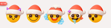 Christmas and New Year holiday emoticons collection. Set Icon Smile Emoji in Red Hat Santa Claus. Realistic Yellow Glossy 3d Emotions face. vector illustrationのイラスト素材