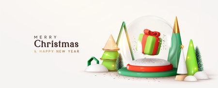 Christmas Banner. New Year Glass snow round ball, with gift box. Festive round podium studio. Realistic 3d cone tree. Creative holiday template. Xmas winter composition. Web poster, header for websiteのイラスト素材