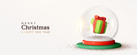 Christmas Banner. New Year Glass snow round ball, with gift box. Festive round podium studio. Realistic 3d design. Creative holiday template. Xmas winter composition. Web poster, header for websiteのイラスト素材
