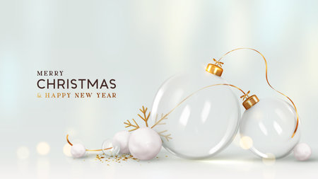 Merry Christmas and happy new year background. Realistic 3d design glass transparent ornaments decoration balls, golden glitter confetti, soft white blue realistic lighting. vector illustrationのイラスト素材