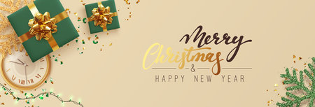 Holiday background Merry Christmas and Happy New Year. Xmas design with realistic festive objects, sparkling lights garland, green gift box, golden snowflake, glitter gold confetti. horizontal bannerのイラスト素材