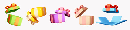 Set Open gift box for surprise. Realistic 3d template empty present boxes. Festive decorative element for design isolated On white background. Holiday objects for birthday. Christmas and New Year giftのイラスト素材