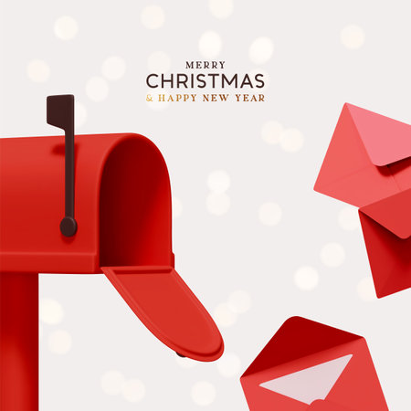 Merry Christmas and New Year festive design with red postal paper letters flying out from open mailbox. New Year's letters to Santa Claus. Light background sparkles bokeh and snow. Vector illustrationのイラスト素材