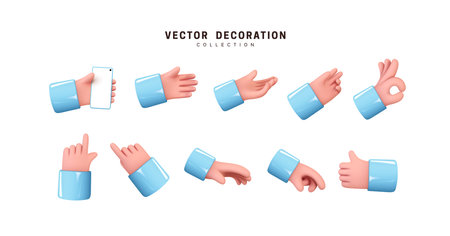 Hands set of realistic 3d design in cartoon style. Hand shows different gestures signs. Vector illustration.のイラスト素材