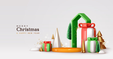 Christmas and New Year festive round podium studio. Realistic 3d design, cone trees, gift box and house. Creative holiday template. Xmas winter composition. Banner and web poster, cover, brochureのイラスト素材