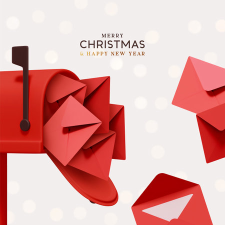 Merry Christmas and New Year festive design with red postal paper letters flying out from open mailbox. New Year's letters to Santa Claus. Light background sparkles bokeh and snow. Vector illustrationのイラスト素材