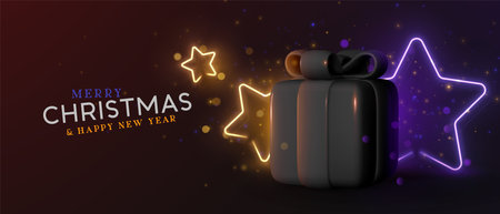 Merry Christmas and Happy New Year. Realistic gift box and neon glowing stars from garlands. Xmas holiday background. Horizontal banner, web poster, website header. Vector illustrationのイラスト素材