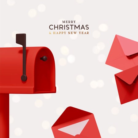 Merry Christmas and New Year festive design with red postal paper letters flying out from open mailbox. New Year's letters to Santa Claus. Light background sparkles bokeh and snow. Vector illustrationのイラスト素材