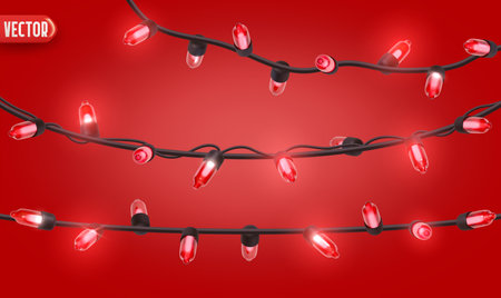 Festive Christmas Blue string lights brightly glowing. Realistic 3d New Year decorations garland isolated on rich red background. vector illustrationのイラスト素材