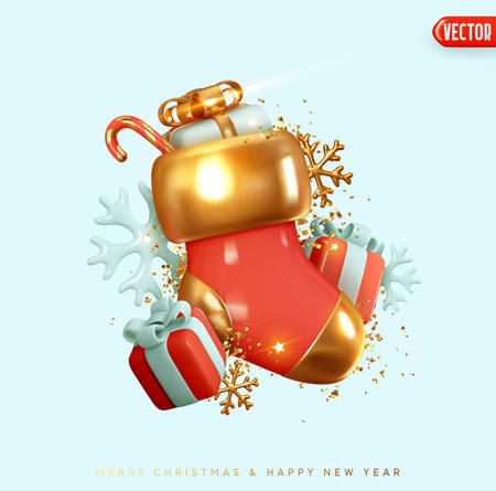 Christmas red sock. Festive background Merry Christmas and Happy New Year. Xmas gift boxes, realistic 3d design of snowflakes, and golden confetti. Holiday banner, web poster. Vector illustrationのイラスト素材