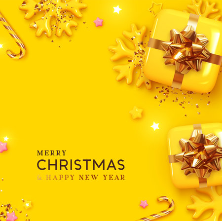 Merry Christmas and Happy New Year. Festive Xmas design realistic gifts box, decorative objects. flat lay top view. Yellow Christmas poster, holiday banner, flyer, stylish brochure, greeting cardのイラスト素材
