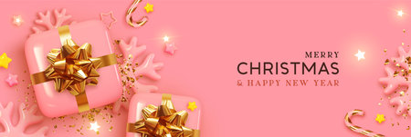 Christmas banner. Xmas Background with realistic design gifts box, golden 3d render snowflake and glitter gold confetti, Bright stars. Horizontal christmas poster, greeting card, headers for websiteのイラスト素材