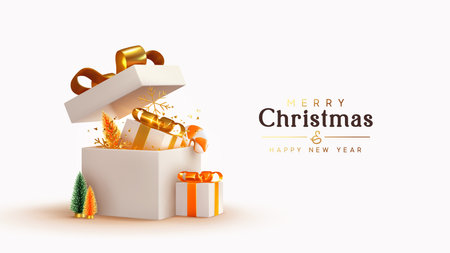 New Year and Christmas design. Realistic white gifts boxes. Open gift box full of decorative festive object. Holiday banner, web poster, flyer, stylish brochure, greeting card, cover. Xmas backgroundのイラスト素材