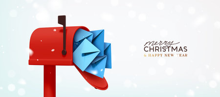 Merry Christmas and New Year festive design with blue postal paper letters flying out from open mailbox. New Year's letters to Santa Claus. Light background sparkle bokeh and snow. Vector illustrationのイラスト素材