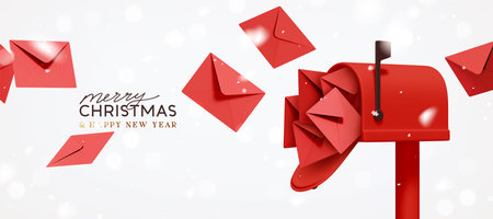 Merry Christmas and New Year festive design with red postal paper letters flying out from open mailbox. New Year's letters to Santa Claus. Light background sparkles bokeh and snow. Vector illustrationのイラスト素材