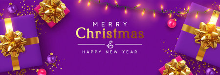 Holiday banner Merry Christmas and Happy New Year. Xmas design with realistic festive objects, purple gift box, lilac ball, light lamps garland, glitter gold confetti. Horizontal poster, flat top viewのイラスト素材