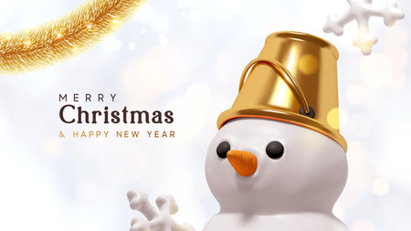 Christmas snowman with a golden bucket on his head. Realistic 3d cartoon style. Light blue white background in blurred bokeh lights. Vector illustrationのイラスト素材
