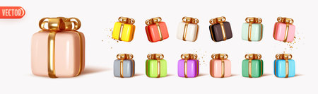 Set gift boxes colored pastel soft colors. Realistic 3d gift box with golden bows minimal style. Decorative items for Christmas and New Years, birthday and weddings, Valentine's Day presents surprisesのイラスト素材