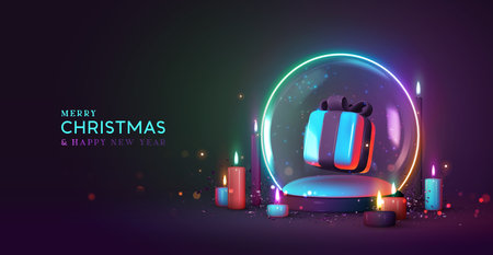Christmas snow glass winter ball. Template round podium studio space for objects festive design. Realistic 3d elements, gift box, Xmas candle, bokeh lights. Neon shade. Vector illustrationのイラスト素材