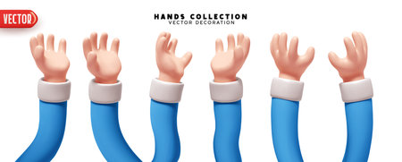 Set of hands 3d realistic design. Collection of cartoon Santa Claus blue sleeves, hands palm up Vector illustration.のイラスト素材