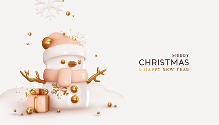 Christmas snowman with gift box realistic 3d design, gold metal balls and snowflakes. Festive winter composition. Happy New Year and Xmas. Vector illustrationのイラスト素材
