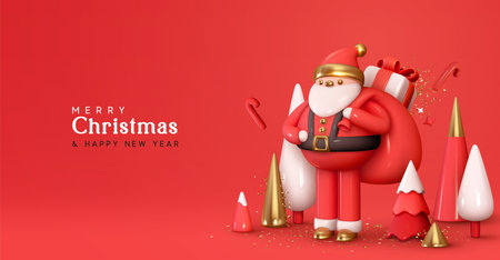 Christmas Santa Claus with bag of gifts box. Realistic 3d cartoon character. Happy New Year and Merry Christmas. Holiday card, red banner, web poster. Vector illustrationのイラスト素材