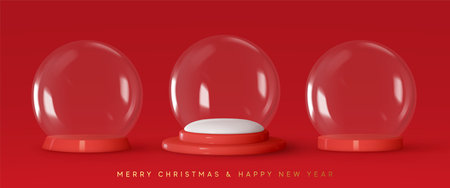Set of glass Christmas snow globes. Christmas decorations realistic 3d empty snow balls. Round sphere podium under transparent glass dome with white snowdrift. Vector illustrationのイラスト素材