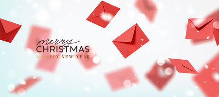 New Year and Christmas design with red letters flying festive light background with bokeh and snow sparkles. Realistic 3d style. Xmas banner and poster greeting card. Vector illustrationのイラスト素材