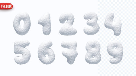 Winter Snow numbers realistic 3d design isolated on background. Set of numbers from 0 to 9 made from snowy white texture. vector illustrationのイラスト素材
