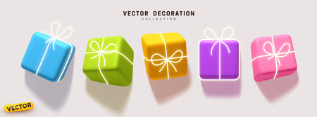 Set of creative holiday gifts box with effect drawn into wall, colorful colors. Gifts for Christmas and New Year, birthday. Festive elements surprise gifts with neon ribbon bow. Vector illustrationのイラスト素材