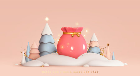 Christmas background. Realistic 3d Christmas trees, colorful winter landscape, gift bag in snow. Happy new year festive abstract design. Soft pastel color blue and pink white. Vector illustrationのイラスト素材