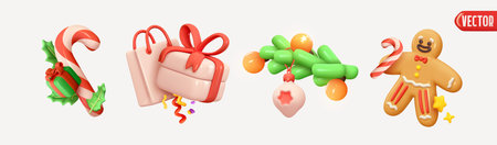 Christmas decor objects. Xmas Decoration Realistic 3d design in cartoon plastic style, candy cane, gift box, pine branch, gingerbread man, shopping bag. Winter holiday element. Vector illustrationのイラスト素材