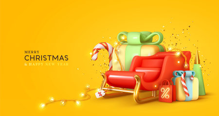 Christmas red Santa sleigh, pile gifts boxes. Realistic 3d design, surprise box, candy candies, gold confetti, decorative light garland. Xmas Sale label. Merry Christmas and Happy New Year backgroundのイラスト素材