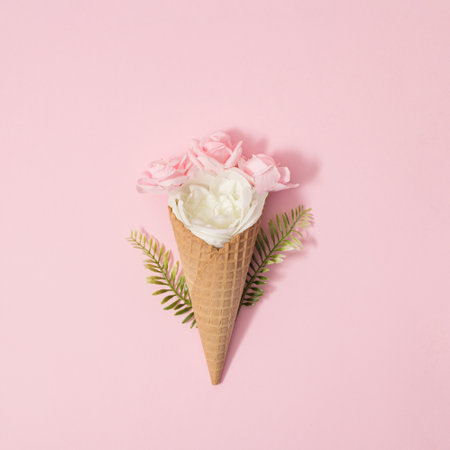Pink and white roses in brown cornet. Pink background. Minimal. Flat lay.の写真素材